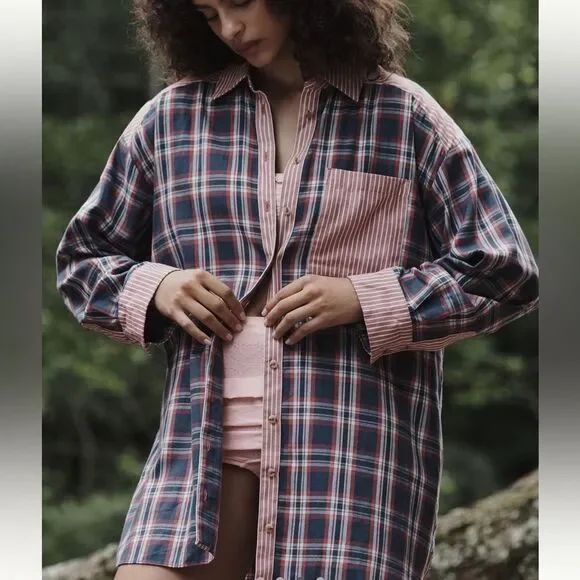 ANTHROPOLOGIE Oversized Plaid Button-Up Shirt Jacket in Blue and Pink NWOT - Picture 2 of 5